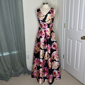 Ellen Tracy Floral Gown Black Pink Sz6